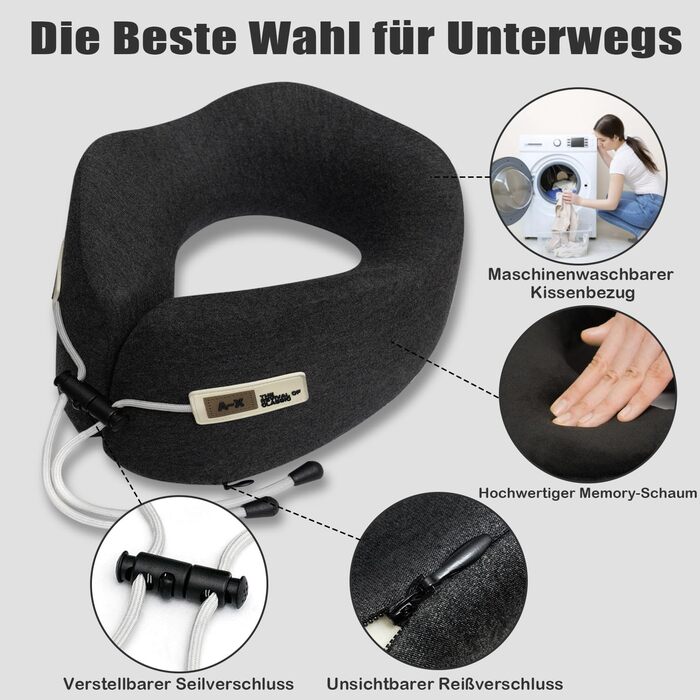 Подушка для шиї у вигляді U, Memory Foam, для подорожей, доросла, ергономічна, з чохлом, для автомобіля, офісу, поїздів (чорна)