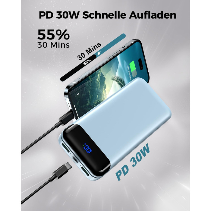 Power Bank Enerwow 27000mAh з PD 30W та Digital Display: Швидка зарядка для iPhone 15/14/13/12 Pro Max та інших пристроїв (Блакитний)