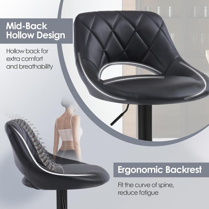 Chummaven 2-Piece Adjustable Bar Stools with Backrest - Faux Leather Kitchen Bar Stools with Chrome Footrest - Padded Barstools for Home Bar, Black