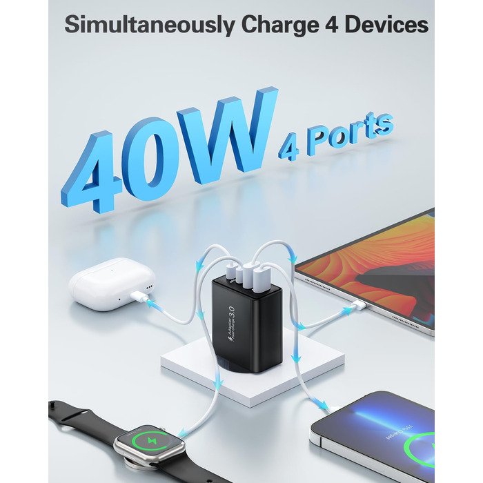 Мережевий адаптер USB C, 40W, 4 порти, швидка зарядка, універсальний зарядний пристрій для iPhone, iPad, Samsung та інших телефонів, білий/чорний (2 шт.)