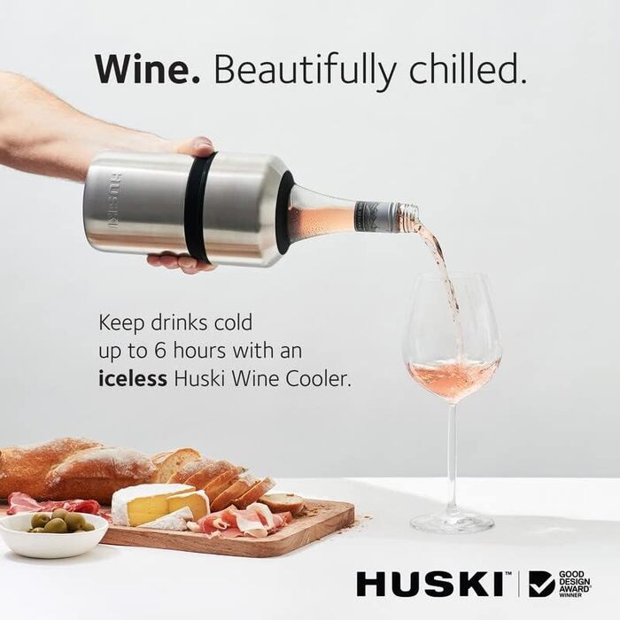 Huski Wine Cooler | Award-Winning Design Without Ice | Keeps Wine Cold Up to 6 Hours | Wine Accessory | Next-Generation Ice Bucket | Fits Some Champagne Bottles (Stainless Steel)
