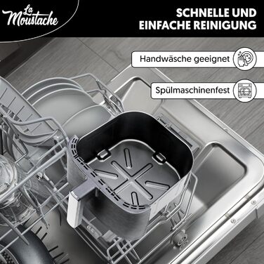 La Moustache Heißluftфритюрниця 7 л, без олії, 1800 Вт, 12 програм, цифрове керування, антипригарне покриття, таймер, книга рецептів, чорна