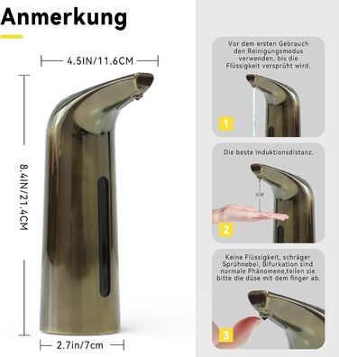 Автоматичний безконтактний дозатор мила з 4 рівнями регулювання, 400 мл, електричний, на батарейках, для встановлення на стіл, з інфрачервоним датчиком (Бронзовий), 400 мл, Бронза