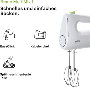 Braun Household MultiMix 1 HM 1110 WH Hand Mixer - Handheld Mixer with 4 speed settings plus Turbo, FastMix Technology, EasyClick, including whisk and dough hooks, one-hand operation, 450W, White White MultiMix 1 - including whisk & dough hooks