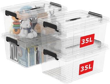 Cetomo Storage Boxes, Portable Plastic Boxes with Lids, Organizer Containers with Handle and Clips, Stackable, Nesting, for Home and Office, Transparent, 90L-3 Pack (35L*4)