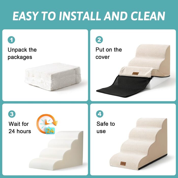 Dog Stairs for Small Dogs 50cm, Pet Stairs for Bed made of High-Density Sponge, Dog Stairs Dog Ramp with Washable Cover and Non-Slip Bottom, 40x72x50cm, 4 Steps, Beige