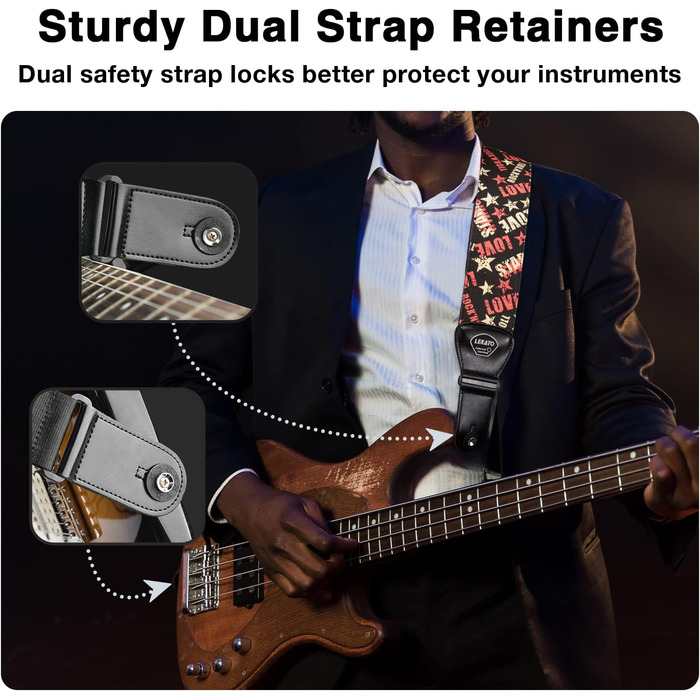 Гітарний ремінь LEKATO з 3D неопреновим наповнювачем, ширина 3 дюйми, довжина 114–139 см, регульований ремінь для бас-гітари та електрогітари з шкіряними кінцями