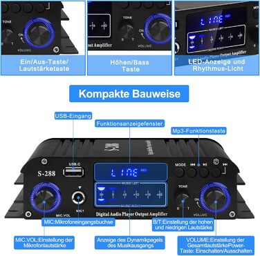 HiFi підсилювач S-288 600Вт, міні Bluetooth стерео аудіо ресивер, 12В/220В, 4 канали, цифровий підсилювач із LCD-дисплеєм, FM-радіо, Bluetooth, USB-вхід, для дому або авто