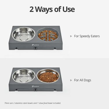 Elevated Dog Bowls Set - Stainless Steel & No-Drip Design - Adjustable Height, 2x 1.2L & 0.8L - Grey