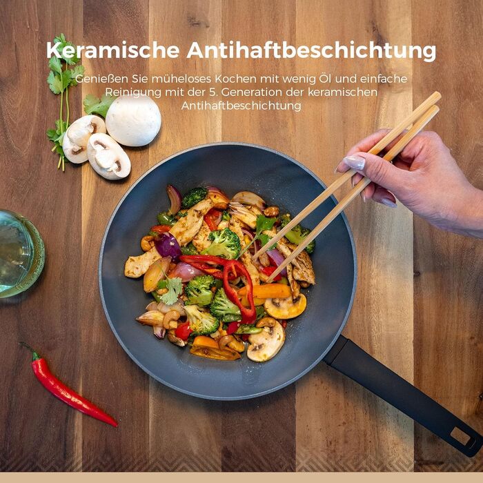 Набір сковорідок Be Living Delight 4 шт. (20/24/28 см + Вок 28 см з кришкою), антипригарне покриття з кераміки, для індукційних плит, без PTFE та PFOA, чорний