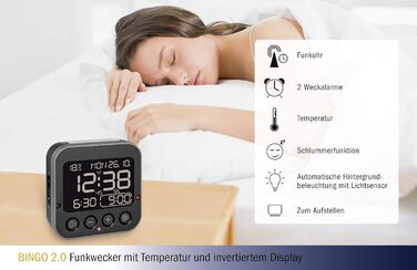 TFA Dostmann Bingo 2.0 Digital Radio Clock, 60.2552.01, High Accuracy, Radio Clock, Temperature Display, Date, L 95 x W 41 x H 96 mm White Numerals