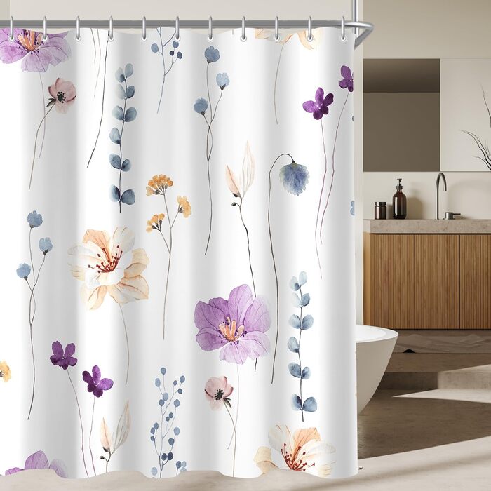 Штора для душу 240x200 см, квіти, поліестер, антигрибкова, водовідштовхувальна, з кільцями та утяжувачем (Ліловий)