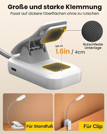 Світлодіодна лампа для читання Glocusent на прищіпці, USB-аккумуляторна книга-лампа з 20 LED, 5 режимів кольорової температури та регулюванням яскравості, гнучка на 360°, білий колір