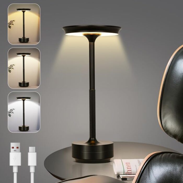 Бездротова LED-лампа Rosnek для столу з регулюванням кольору та димуванням, акумуляторна, з USB-C, стильна металева лампа (чорна)