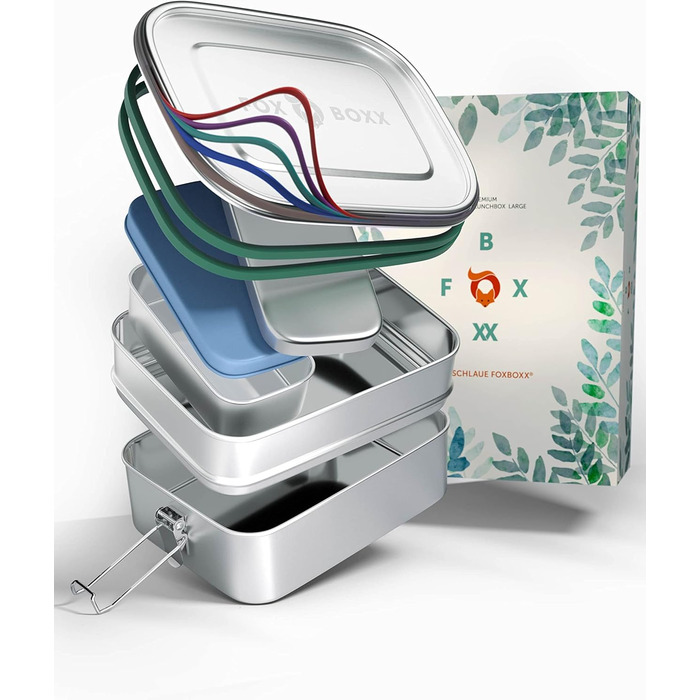 Stainless Steel Lunch Box Premium | Multi 1550ml STACKABLE | 2 Tiers + 1 Divider + 150ml MiniBox & 2 x Lids + 5 DECOR Color Rings | Smart Clips + 2 x Seals | Airtight Lunch Box