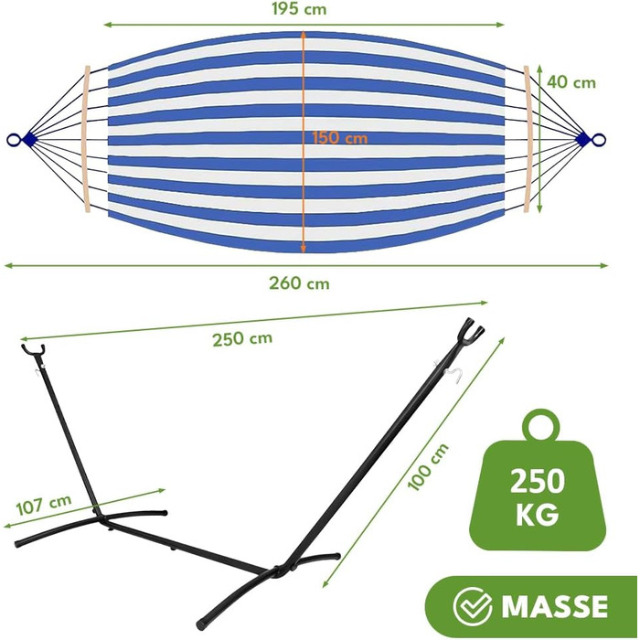 Гамак KRUMAD 260 см, до 250 кг, вуличний, бавовна-поліестер, з дерев'яними розпірками та сумкою (синьо-білий, з каркасом)