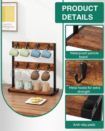 Vintage Mug Holder with 8 Hooks, Coffee Cup Holder for Countertop, Cup Stand with Storage Bottom, for Kitchen Dining Room Cafe 40 x 15 x 40 cm, TBJ002H (without shelf, Vintage Brown)