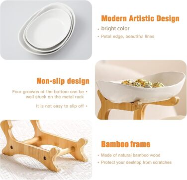 Керамічна фруктова тарілка-етажерка на 2 яруси MEESOGA з бамбуковою підставкою для кухні | Фрукти, овочі, снеки