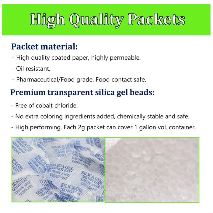 Rmikaly 100 Packs of 2g Silica Gel Desiccant, Non-Toxic, Moisture Absorber, Air Dehumidifier, Food and Pharmaceutical Grade
