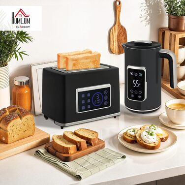Набір для сніданку HOMCOM: чайник 1.7л з нержавіючої сталі та тостер на 2 тости з 6 рівнями підсмажування, LED-сенсорна панель, 2200W, функція розморожування, підігріву, зйомний піддон для крихт, кремово-білий (чорний)