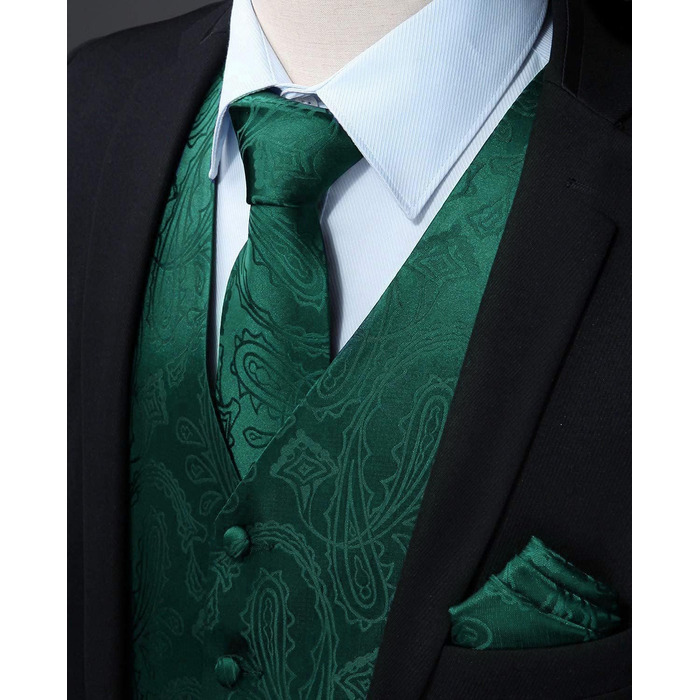 Костюмний комплект Enision для чоловіків: жилет, краватка та нагрудна хустинка з двобортною в'язкою жакард, темно-зелений (S)