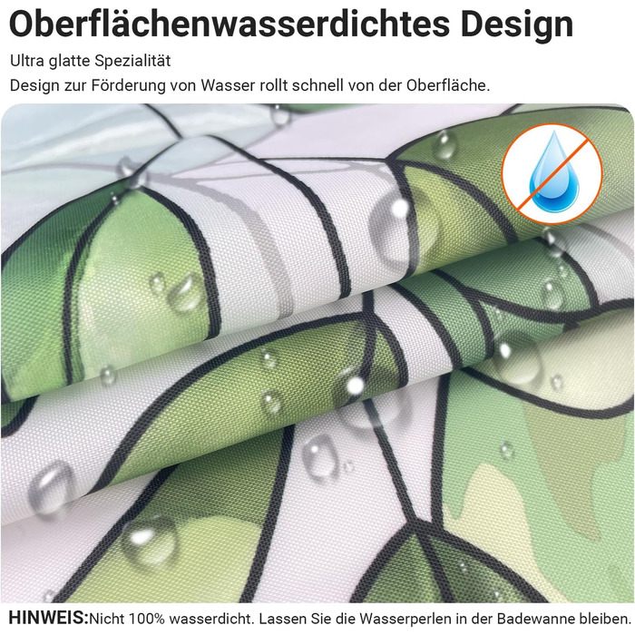 Штора для душу 200x200 см, зелені листки, антигрибкова, текстильна, водовідштовхувальна, поліестер, з кільцями (1 шт)