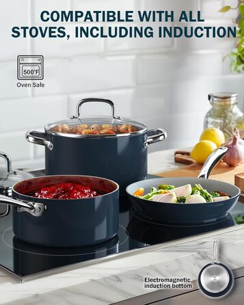 Набір посуду Cook N Home 10 предметів: каструлі та сковорідки з антипригарним покриттям, індукційне кухонне начиння, блакитний колір