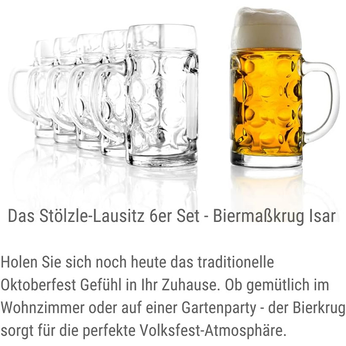 Набір пивних кружок Stölzle Lausitz ISAR, 6 шт., 0,5 л, скло Soda Lime, для миття в посудомийній машині