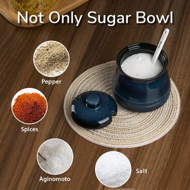 Porcelain sugar bowl, 10 oz spice jar with lid and spoon, sugar bowl for coffee bar, salt container for kitchen, blue