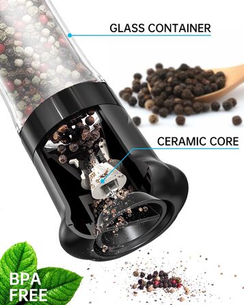 Набір ручних мельниць для солі та перцю CIRCLE JOY - ідеальний вибір для професійних кухарів. Мельниці з керамічними лезами, регульована ступінь подрібнення, скляні контейнери 180 мл, BPA-free, чорно-білий дизайн.