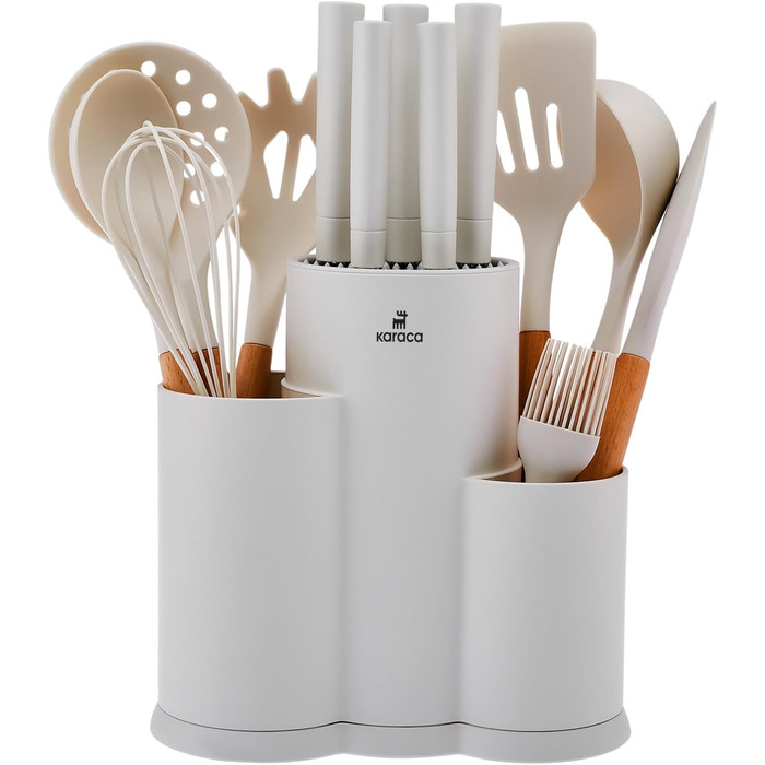 Набір ножів Karaca Gusto 12 шт. з дерев'яним обробним ящиком та кухонними аксесуарами. Ножі з нержавіючої сталі, ергономічні ручки, чорний (кремовий)
