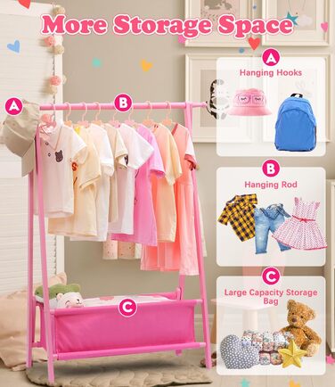 Relquorax Bamboo Children's Clothes Rack with Storage Bag and Clothes Rail, Dress-up Stand, Small Wardrobe Rack, for Costumes in Children's Rooms (Pink)