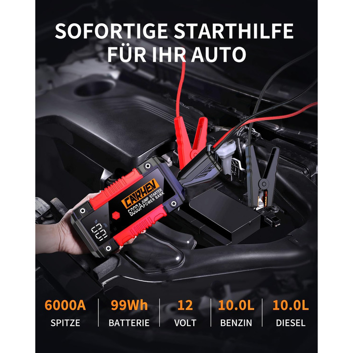 Портативний пусковий блок StarThilfe Powerbank для автомобіля, 6000A, 12V, для бензинових та дизельних двигунів до 10L, з LED ліхтариком
