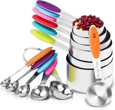 Набір мірних стаканів і ложок U-Taste з нержавіючої сталі 18/8, 12 шт, посилені ручки, американський стандарт, різнокольорові