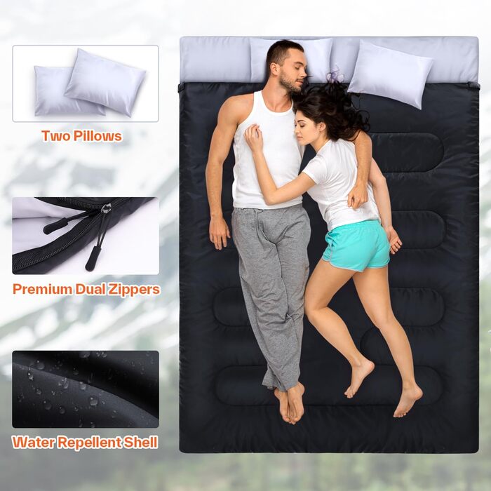 Спальний мішок Ohuhu на 2 особи, 220x150 см, для кемпінгу, подорожей, сімейного відпочинку та фестивалів (чорний, 3.5 кг)