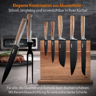 Baumfeld 6-Piece Knife Block Set - Premium Kitchen Knife Set with Acacia Wood Block - Professional Stainless Steel Ceramic Coated Knife Set (Black)