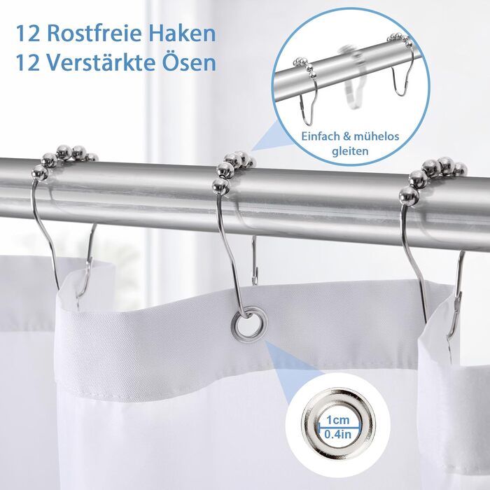 Водонепроникна штора для душу з льоном та вікном (183x183 см), біла - 12 гачків з нержавіючої сталі, утяжелений край, тканинна штора для ванни, машинне прання