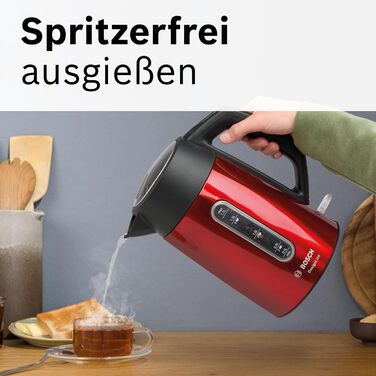 Електричний чайник Bosch DesignLine TWK4P434, 1.7 л, червоний: без розбризкування, індикатор рівня води, захист від перегріву