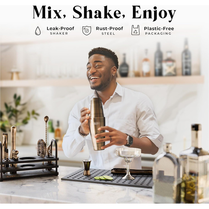 Bare Barrel® Cocktail Shaker Set - 14 Piece Mixology Bar Set with Boston Shaker, Martini Accessories, & Recipe Cards - Perfect Home Bartender Gift Set