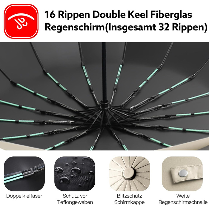 Стійкий до вітру парасолька-тростина, автоматичний, великий, 16 ребер, тефлонове покриття, захист від УФ, бежевий