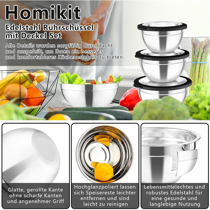 Набір мисок Homikit 5 шт., нержавіюча сталь, з кришками та тертками для кухні, 4,6L/2,8L/1,6L/1,2L/0,7L, складна, придатна для миття в посудомийній машині, чорний