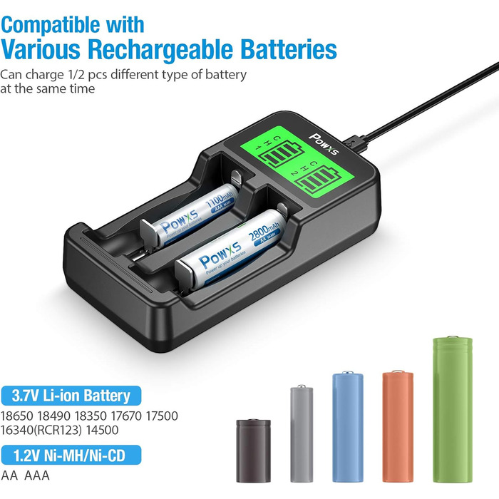 Зарядний пристрій POWXS для акумуляторів 18650 з LCD-дисплеєм та тестуванням, сумісний з Li-Ion, IMR, NI-MH, NI-Cd AA AAA C 26650 21700 10440 RCR123 (2 слоти)