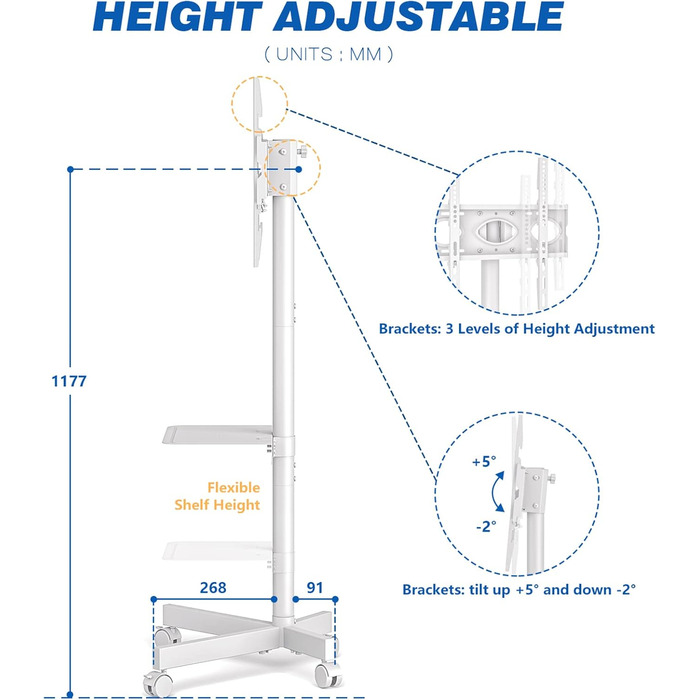Rolling TV Stand with Wheels - Adjustable Height Mobile TV Trolley for 27-60 inch TVs - VESA 400x400 - 40kg Capacity - White