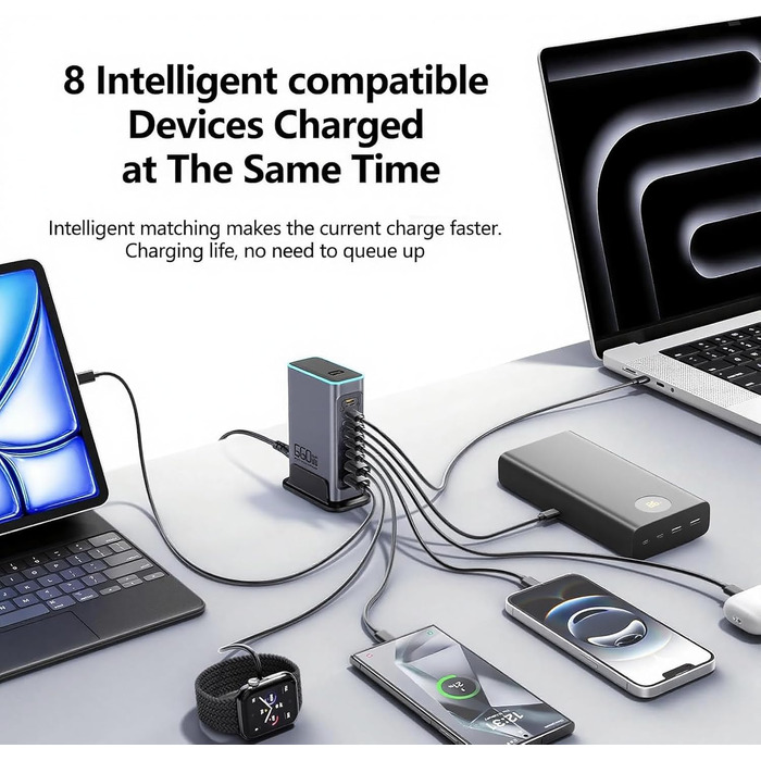 Зарядний пристрій USB C 620W GaN 10 портів: швидка зарядка для ноутбуків, iPhone, Samsung, MacBook Pro/Air (7x USB C + 3x USB A, PD)