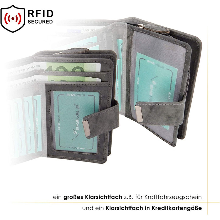 ekavale Women's Wallet made of soft leather with RFID protection - Women's Portemonnaie (Gray)