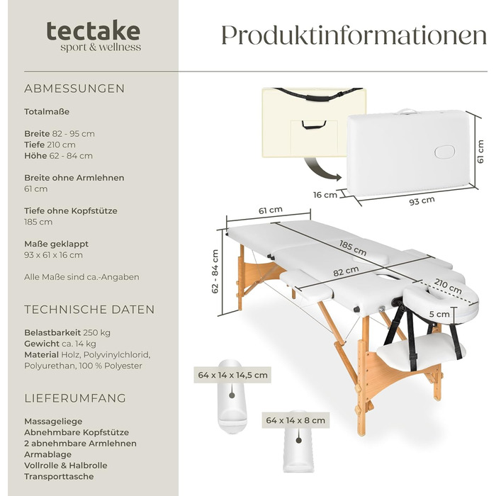 Масажне ліжко Tectake® складне з 2 зонами, портативне з 5 см підкладкою, регульоване по висоті, мобільне, з дерев'яними ніжками та аксесуарами (сумка для перенесення, ролики для масажу, білий)
