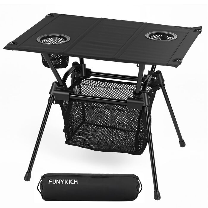 FUNYKICH Складаний туристичний стіл для кемпінгу 82 x 40 см, регулювання висоти (44/70 см), легка збірка, портативний стіл з сітчастою кишенею, алюмінієва розкладна стільниця для барбекю, кемпінгу, вечірки, саду (тканинна стільниця - 59 x 43 x 51 см)