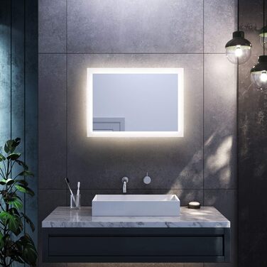 Дзеркало для ванної кімнати SONNI з LED-підсвічуванням 50x70 см, тепле біле світло, IP44, вертикальна/горизонтальна установка, білий