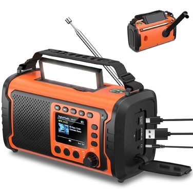 Радіоприймач DAB/DAB+ для екстрених ситуацій з акумулятором 27000mAh, сонячною панеллю, ручним динамо-генератором та Bluetooth, помаранчевий