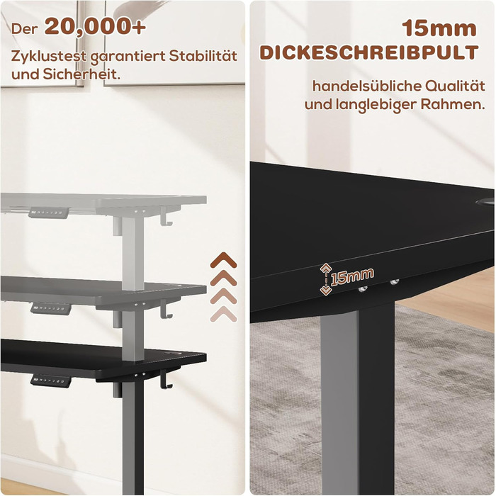 Devoko Adjustable Height Desk - Electric Standing Desk with Memory Function, 73-118cm Height, Collision Detection, Black, 140x60cm